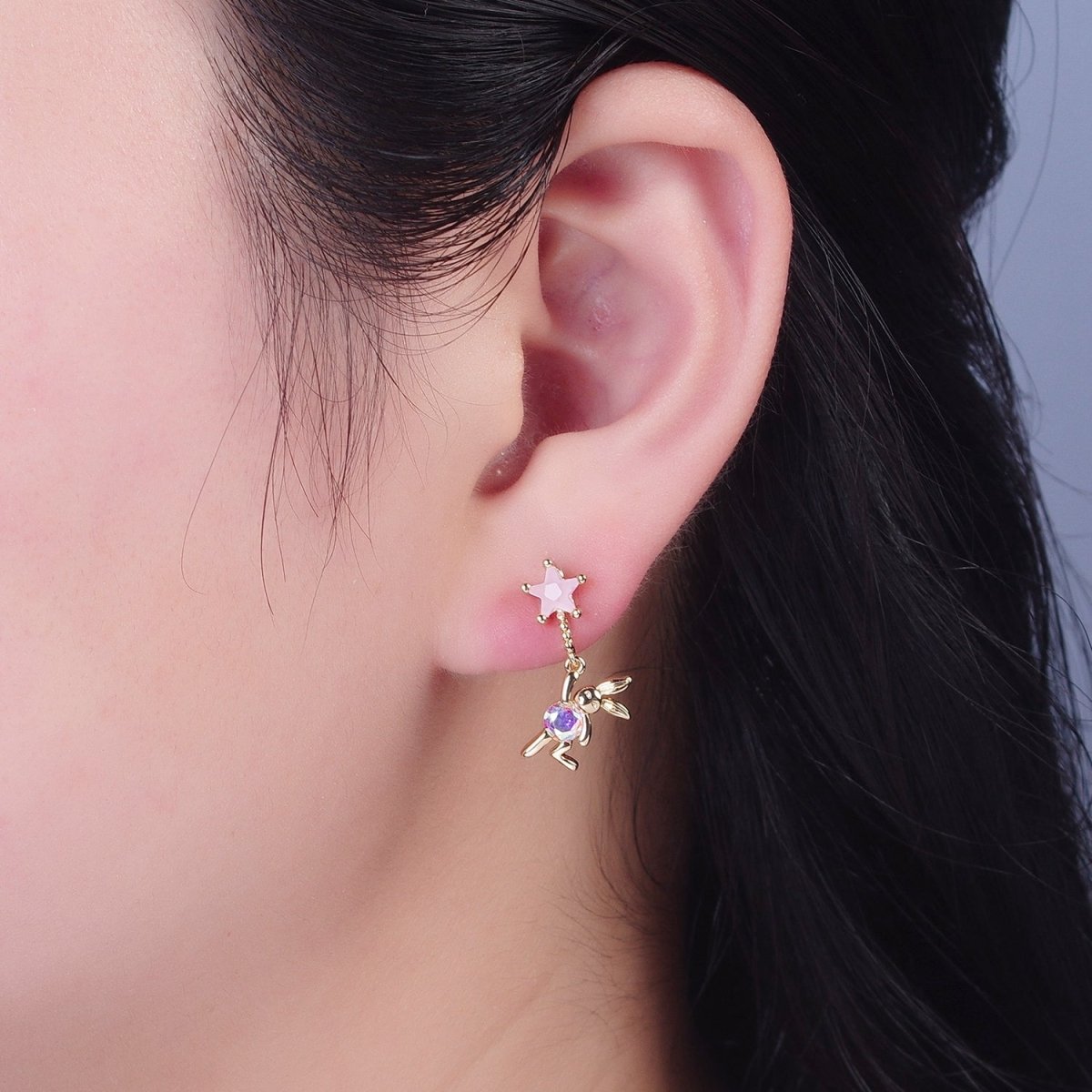 24K Gold Filled Cute CZ Pink Star Studs with Tiny Rabbit Charm Clear Cubic Zirconia Dangle Earrings, P-322