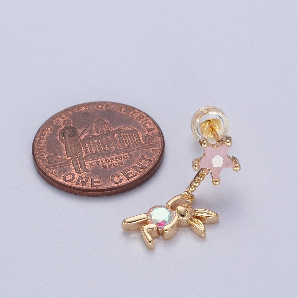 24K Gold Filled Cute CZ Pink Star Studs with Tiny Rabbit Charm Clear Cubic Zirconia Dangle Earrings, P-322