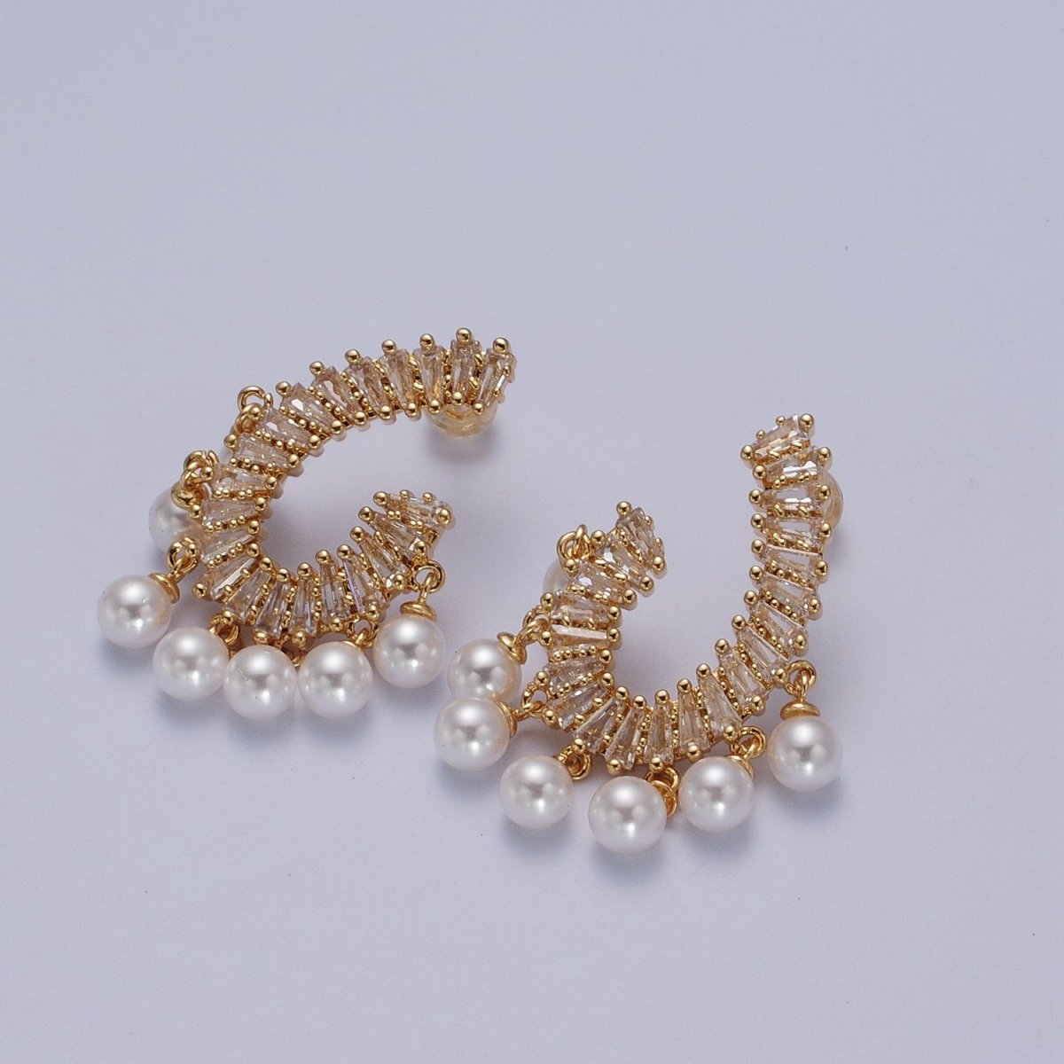 24K Gold Filled CZ Baguette Front Curve w. Pearl Dangle Stud Earrings in Gold & Silver | AD-277 AD-278