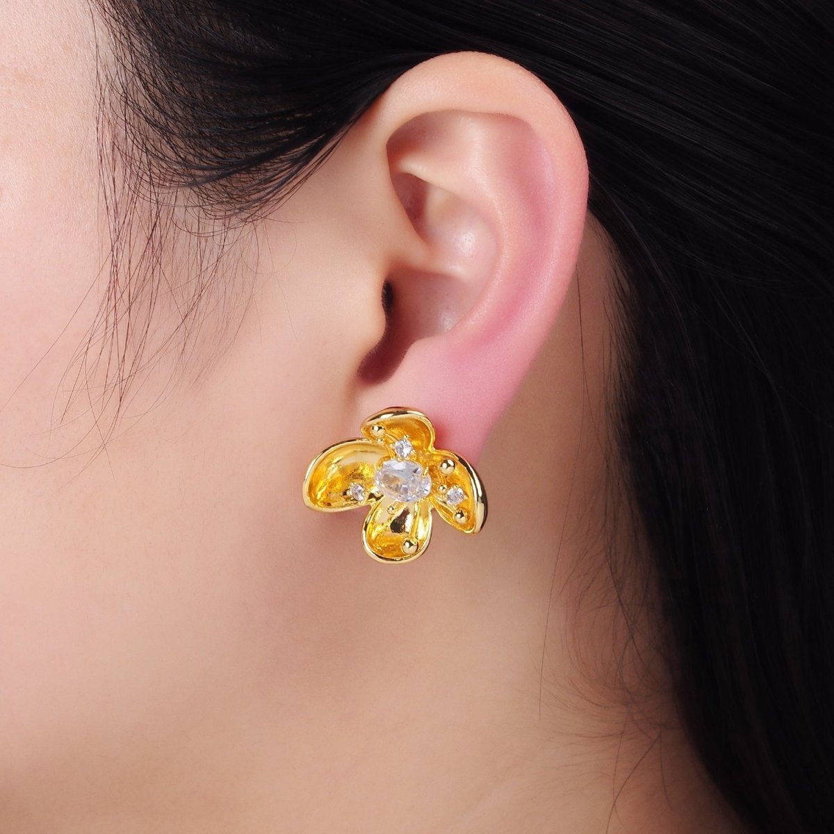 24K Gold Filled CZ Bud Foil Flower Stud Earrings | AB1401