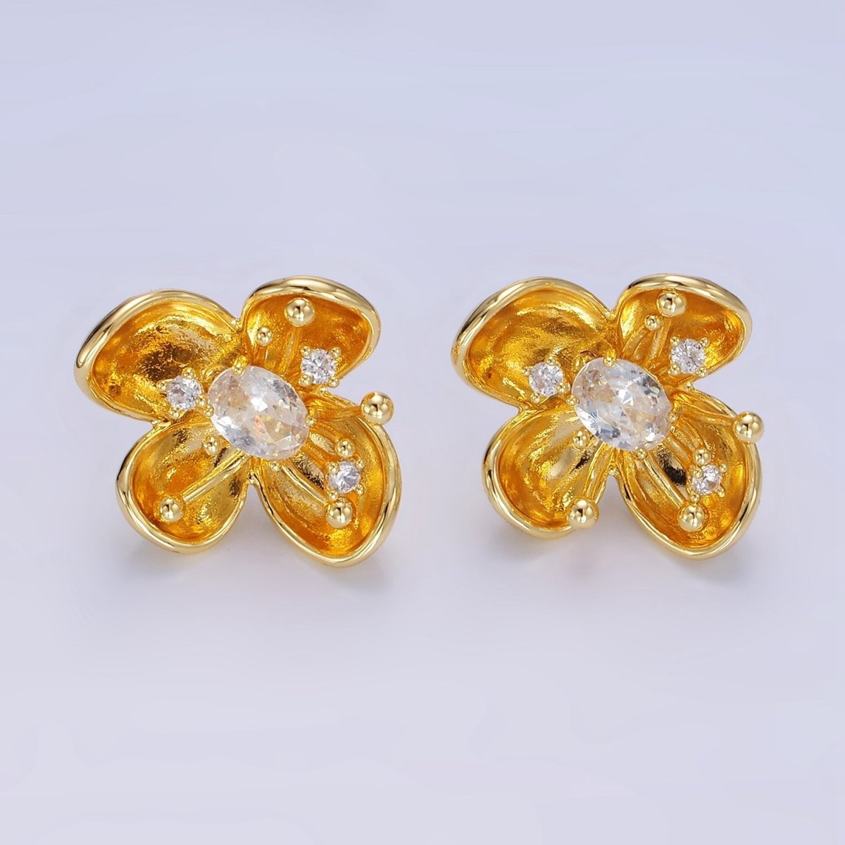 24K Gold Filled CZ Bud Foil Flower Stud Earrings | AB1401