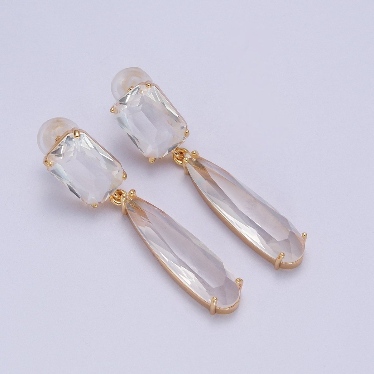 24K Gold Filled CZ Cubic Zirconia Baguette Teardrop Dangle Studs Earrings | AD-232~AD-243