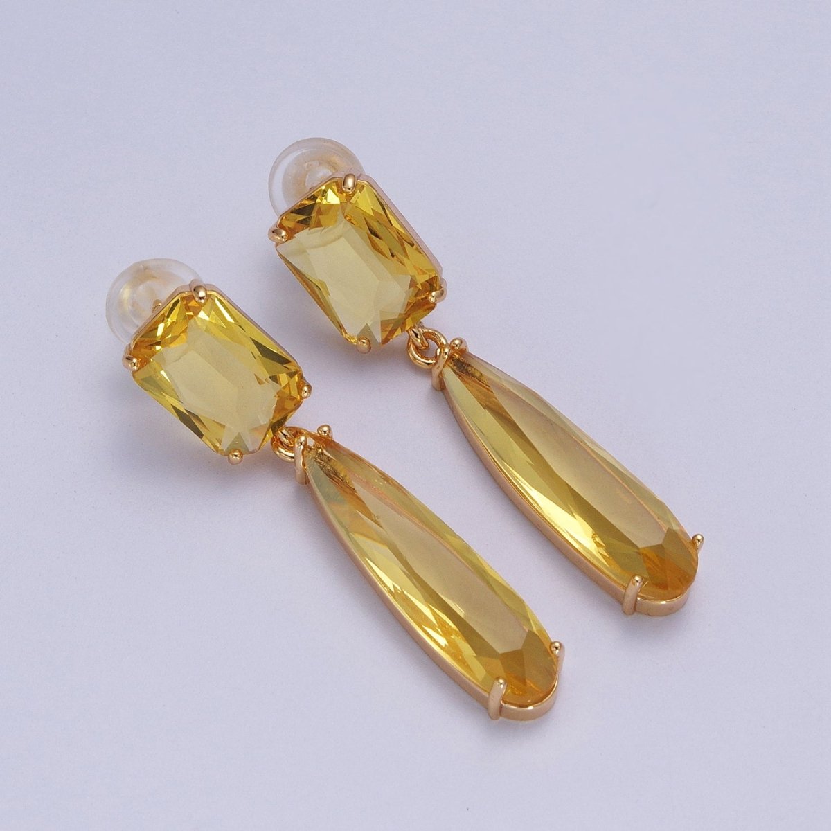 24K Gold Filled CZ Cubic Zirconia Baguette Teardrop Dangle Studs Earrings | AD-232~AD-243