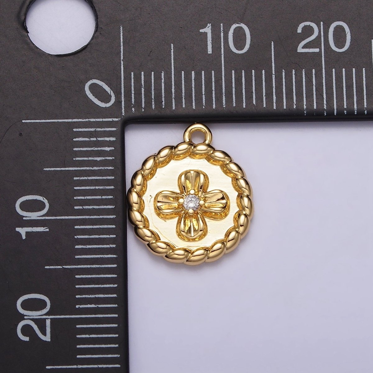 24K Gold Filled CZ Flower Braided Round Coin Charm | AC1429