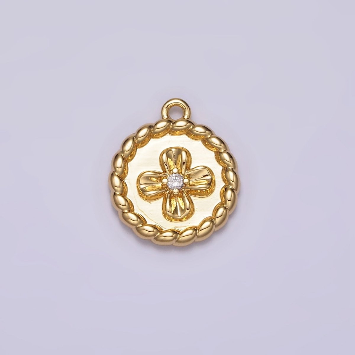 24K Gold Filled CZ Flower Braided Round Coin Charm | AC1429