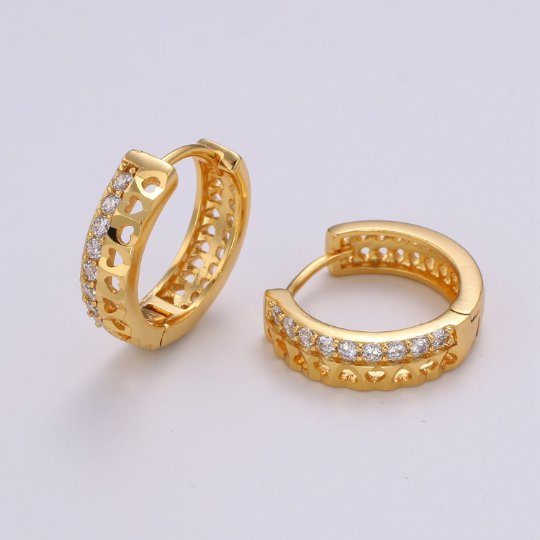 24K Gold Filled CZ Heart Hoop Earrings, Micro Pave Cartilage Huggie Hoop Earrings, Lever back Earrings, Hypoallergenic Q-503