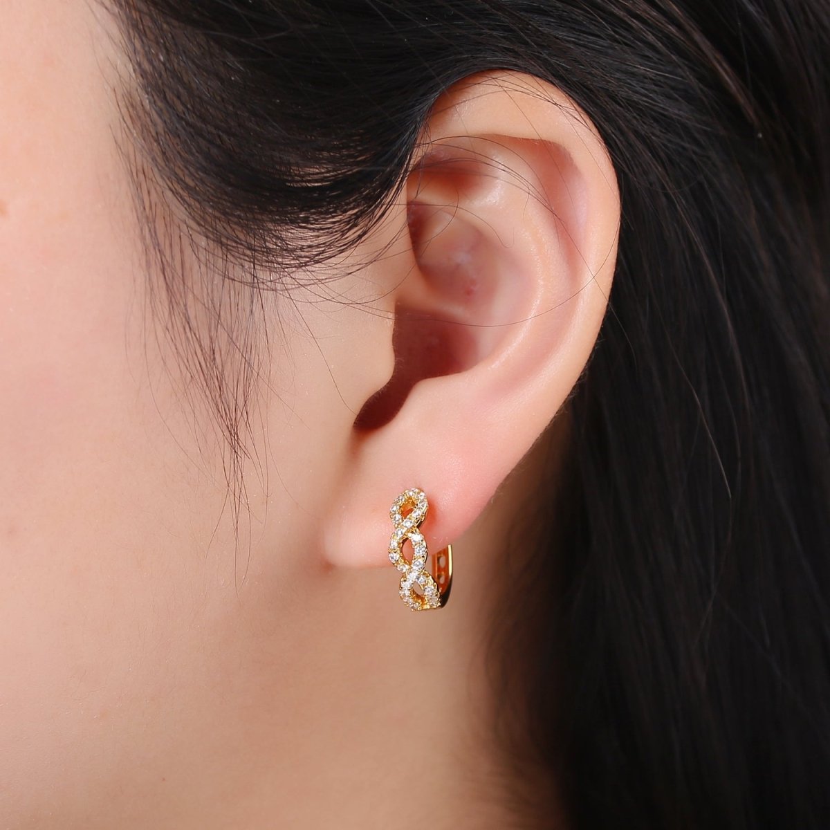 24K Gold Filled CZ Infinity Hoop Earrings, Micro Pave Cartilage Huggie Hoop Earrings, Lever back Earrings, Hypoallergenic Q-504
