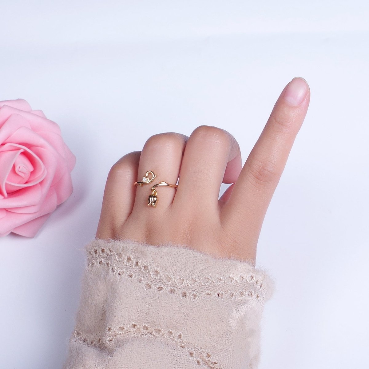 24K Gold Filled CZ Vine Rose Dangle Adjustable Ring | O-025