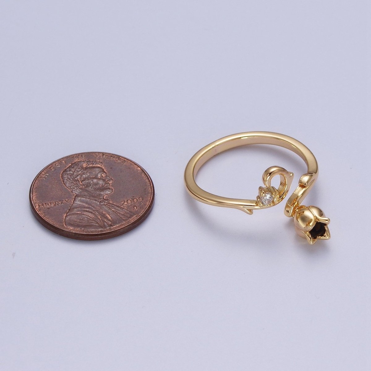 24K Gold Filled CZ Vine Rose Dangle Adjustable Ring | O-025