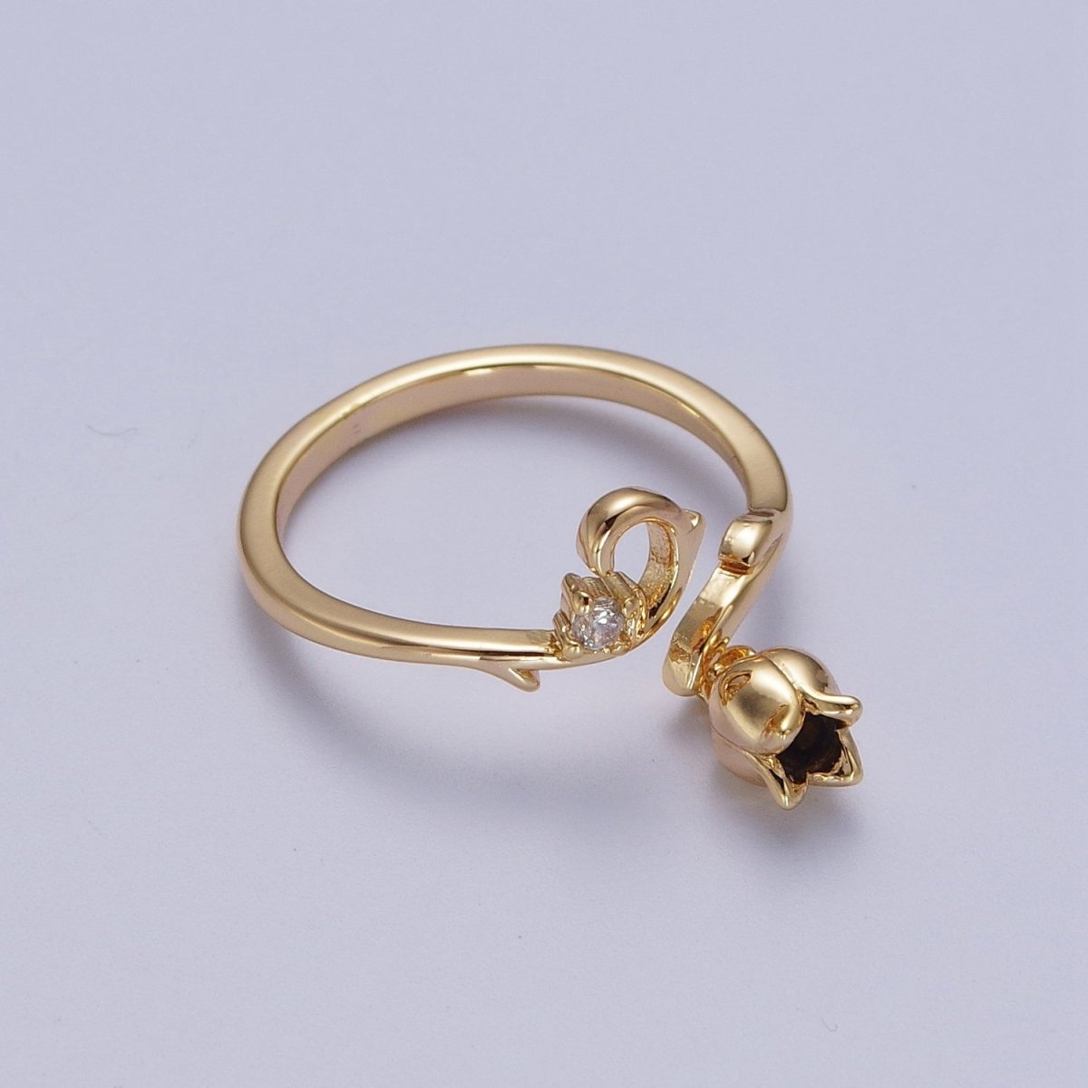 24K Gold Filled CZ Vine Rose Dangle Adjustable Ring | O-025