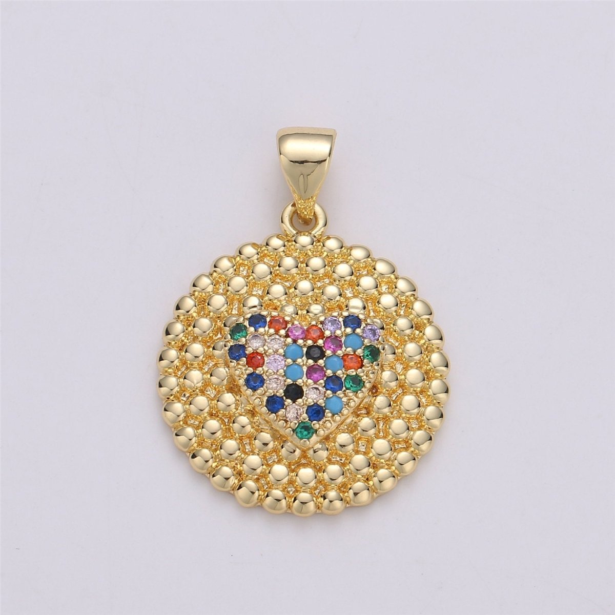 24K Gold Filled Dainty Circle Love Pendant with Turquoise Micro Pave Multi Color Rainbow Cubic Zirconia CZ Stone for Necklace or Bracelet I-578
