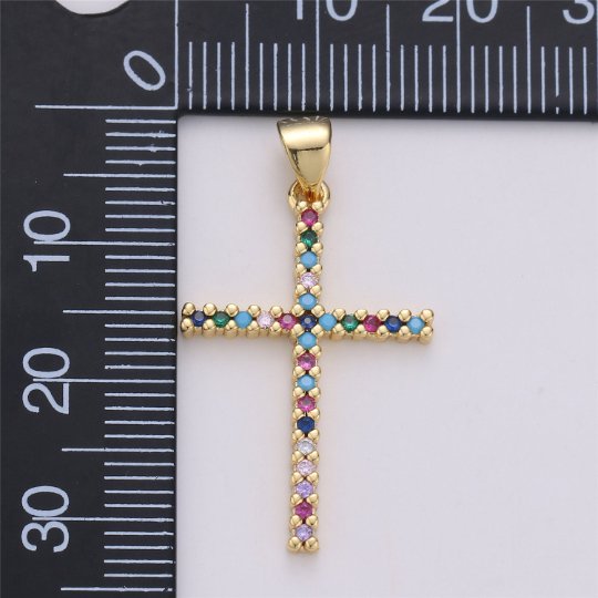 24K Gold Filled Dainty Cross Pendant with Turquoise and Micro Pave Multi Color Rainbow Cubic Zirconia CZ Stone for Necklace or Earrings I-585