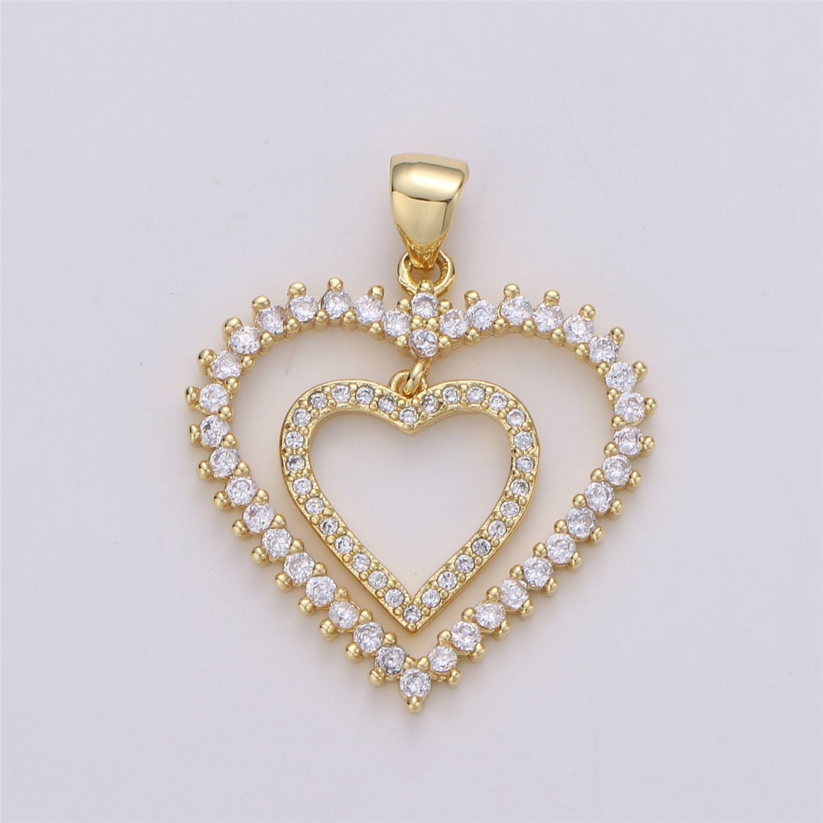 24K Gold Filled Dainty Dangle Twin Heart Pendant with Micro Pave Cubic Zirconia CZ Stone for Family Lover Necklace or Bracelet I-594