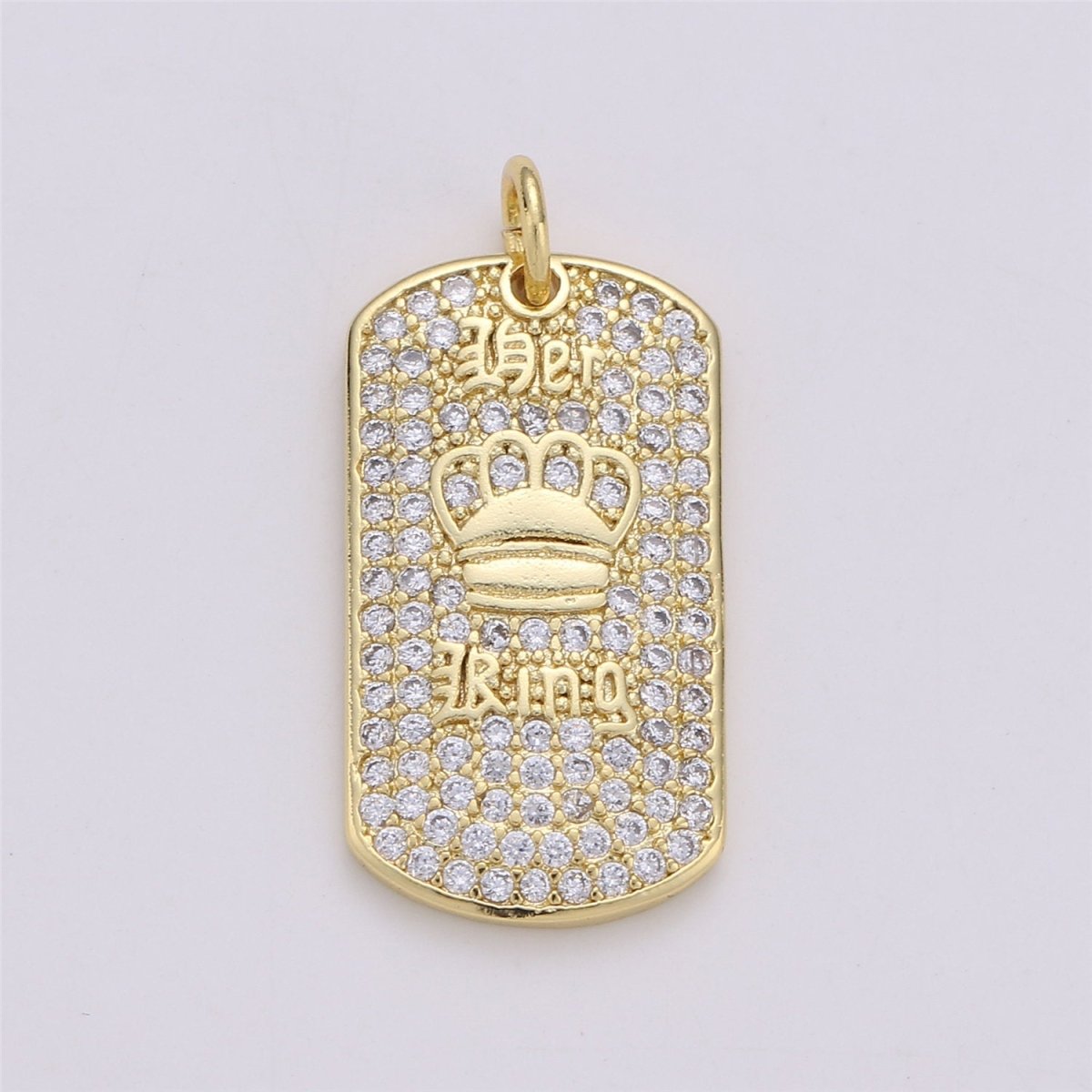 24K Gold Filled Dainty Military Tag Pendant King Crown Charm Micro Pave Tag Charm Cubic Zirconia CZ Stone for Necklace or Bracelet C-865