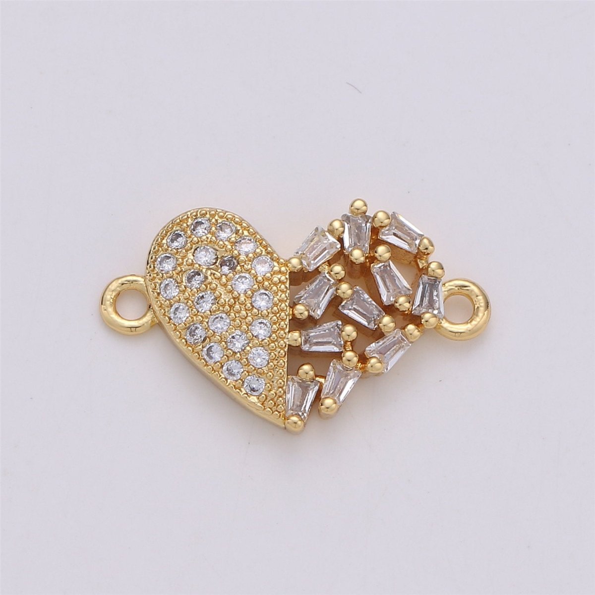 24K Gold Filled Dainty Tiny Heart Connector with Micro Pave Baguette Style Cubic Zirconia CZ Stone for Necklace or Bracelet  F-355