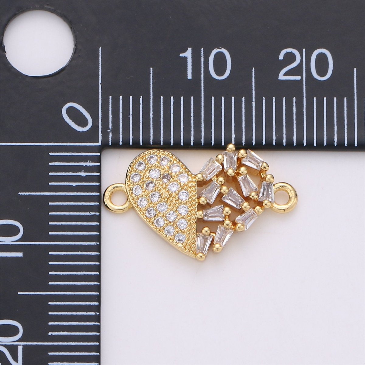 24K Gold Filled Dainty Tiny Heart Connector with Micro Pave Baguette Style Cubic Zirconia CZ Stone for Necklace or Bracelet  F-355