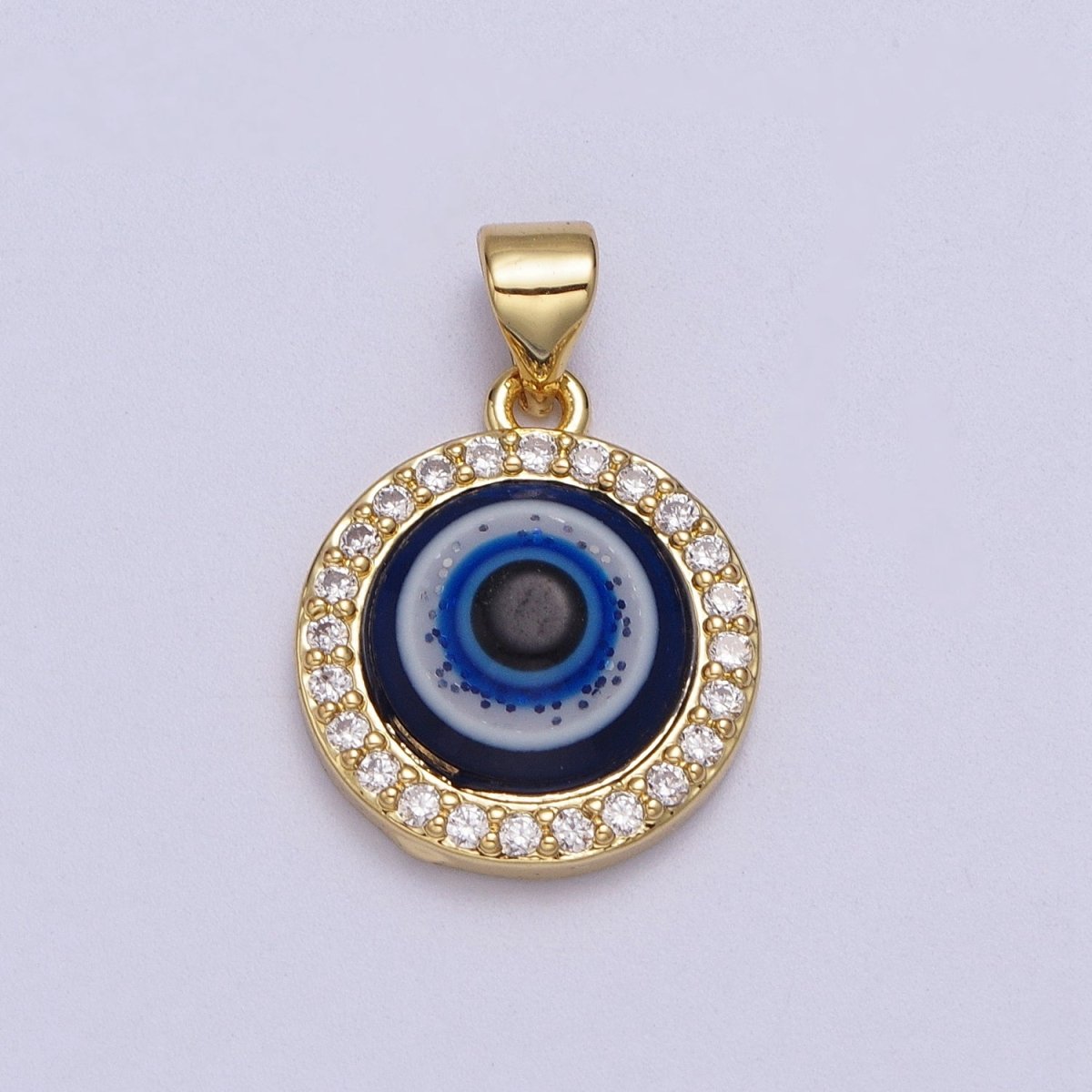 24K Gold Filled Dark Evil Eye Protection Micro Paved CZ Round Amulet Pendant H-279