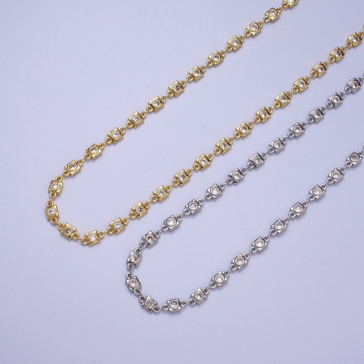 24K Gold Filled Designed CZ Square Unfinished Chain in Gold & Silver | ROLL-873 ROLL-874 Clearance Pricing