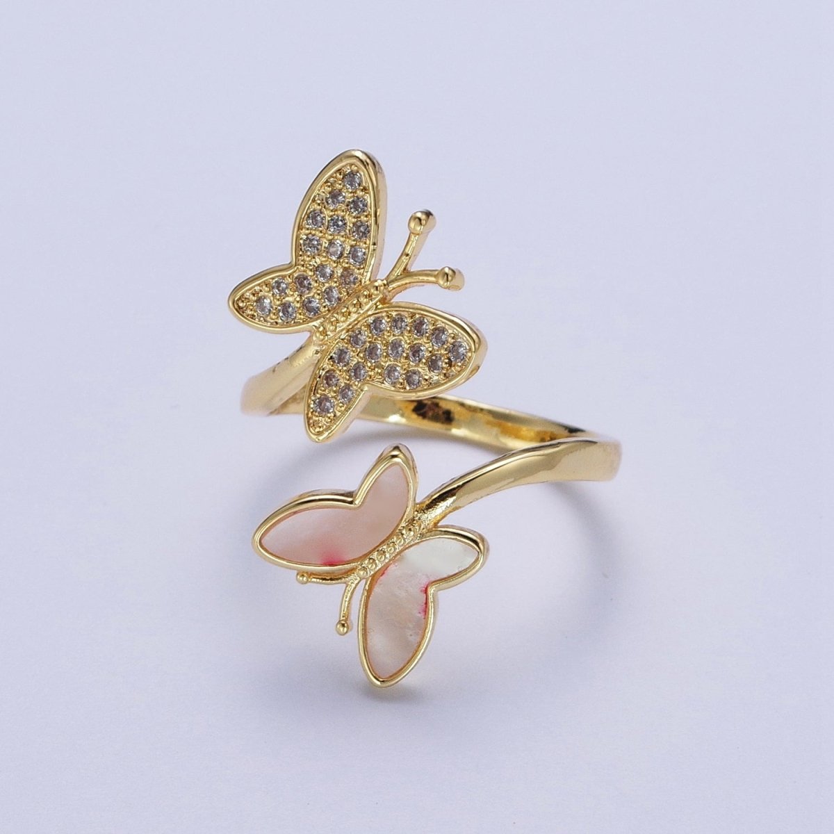 24K Gold Filled Double Butterfly Mariposa Pink Opal Micro Paved Cubic Zirconia Adjustable Garden Insect Ring | O886
