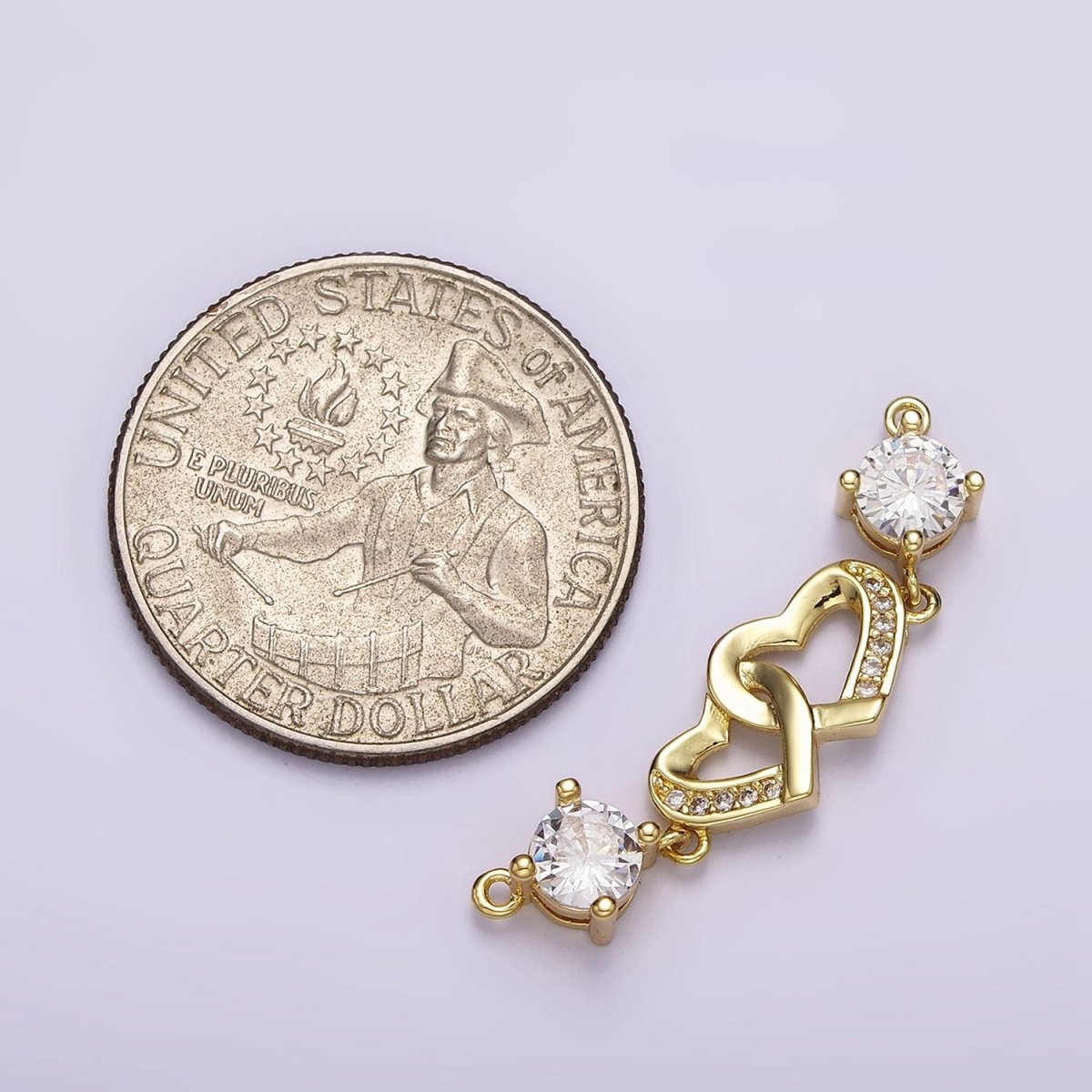 24K Gold Filled Double Heart Micro Paved Clear CZ Infinity Twin Heart Charm Connector 33mm | Y-755