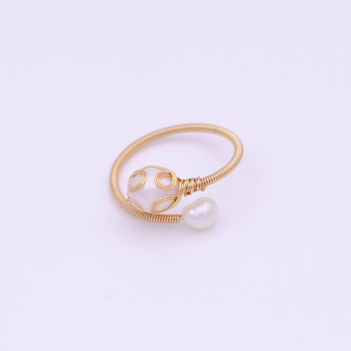 24K Gold Filled Double Pearl Handmade Braided Wire Wrapped Open Ring | O-561