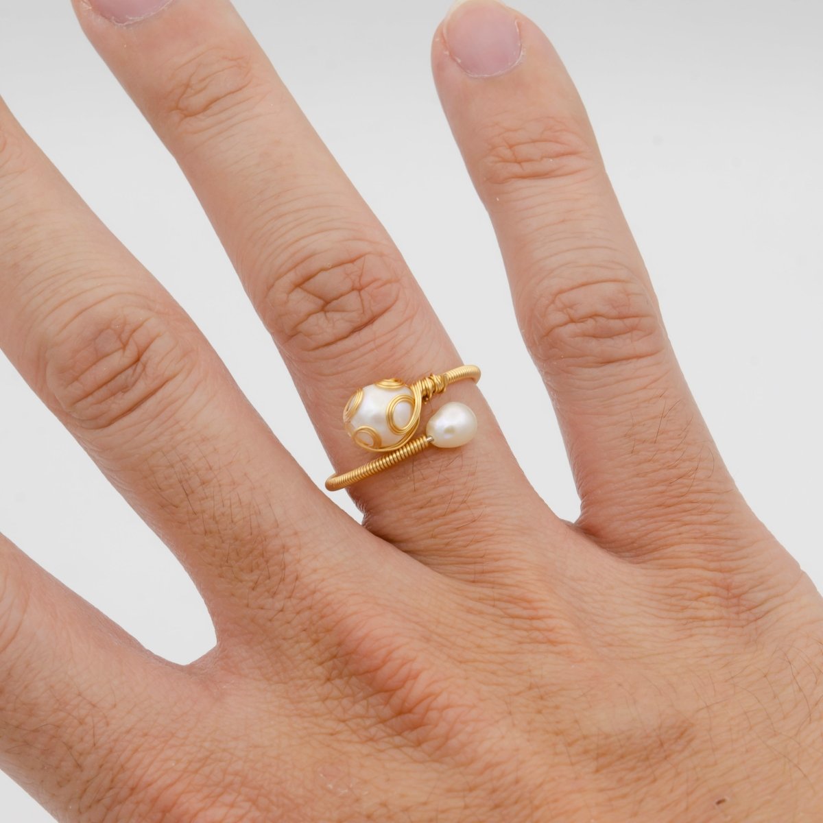 24K Gold Filled Double Pearl Handmade Braided Wire Wrapped Open Ring | O-561