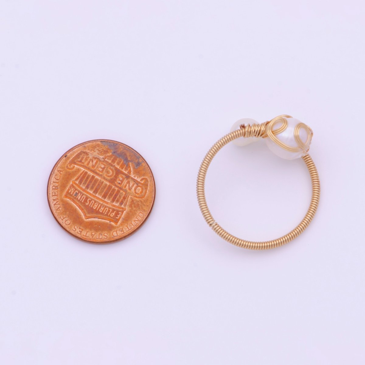 24K Gold Filled Double Pearl Handmade Braided Wire Wrapped Open Ring | O-561