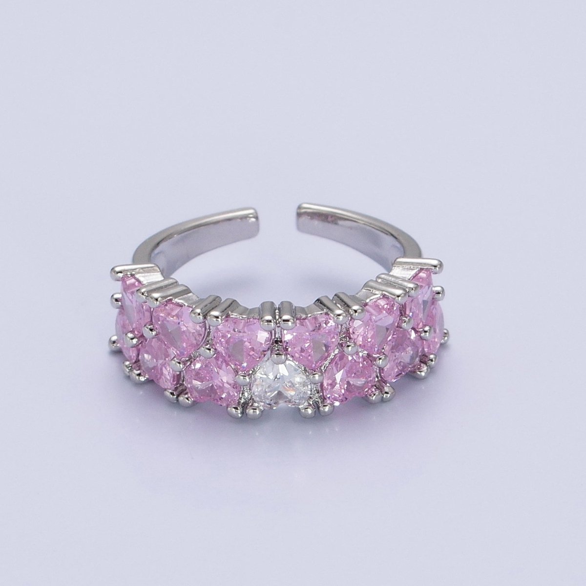 24K Gold Filled Double Pink Clear Hearts Band Adjustable Ring in Gold & Silver | R-258 R-273