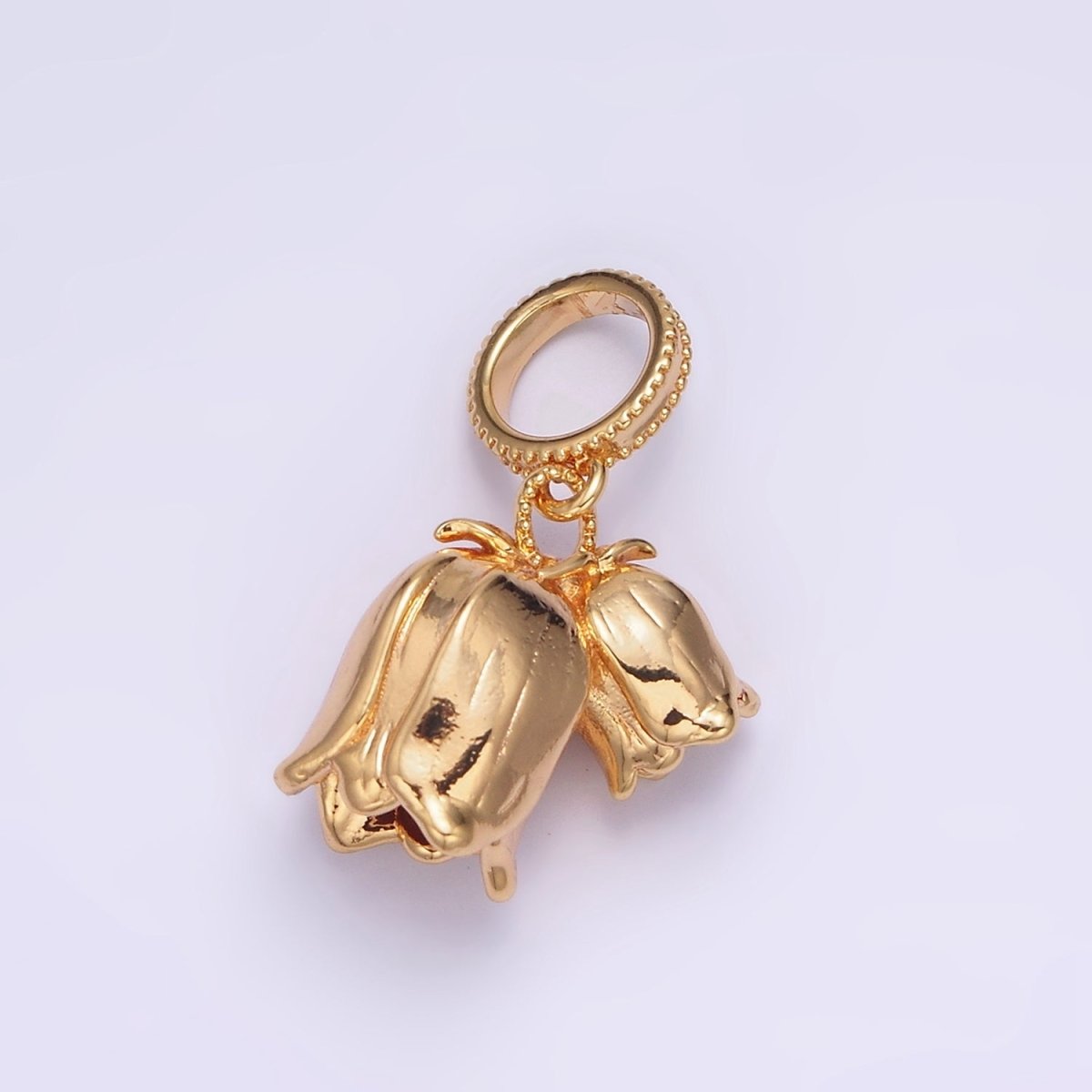 24K Gold Filled Double Rose Flower Beaded Thin Rhondelle Bail Pendant | AA570