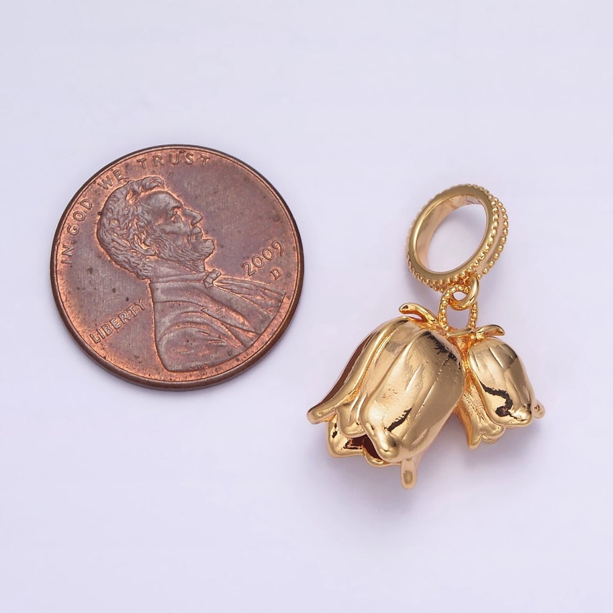 24K Gold Filled Double Rose Flower Beaded Thin Rhondelle Bail Pendant | AA570