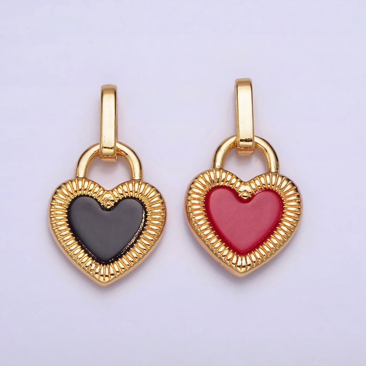 24K Gold Filled Double Sided Red Carnelian Onyx Line-Textured Heart Lock Pendant | AA599