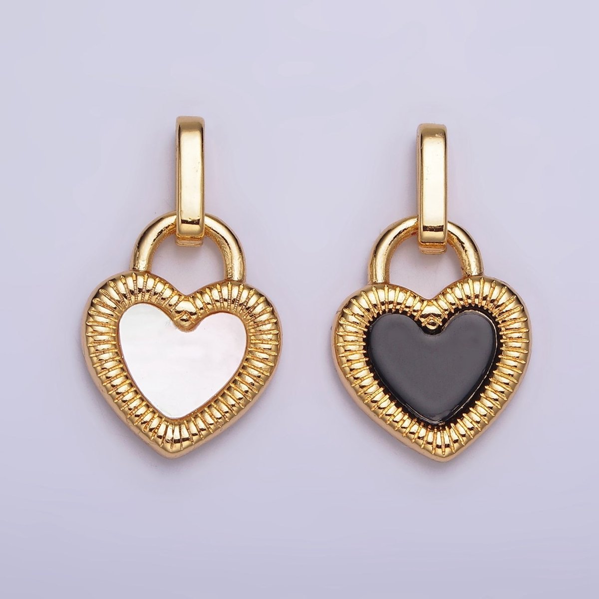 24K Gold Filled Double Sided Shell Pearl Onyx Line-Textured Heart Lock Pendant | AA-601