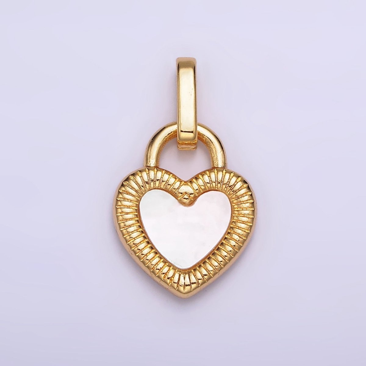 24K Gold Filled Double Sided Shell Pearl Onyx Line-Textured Heart Lock Pendant | AA-601