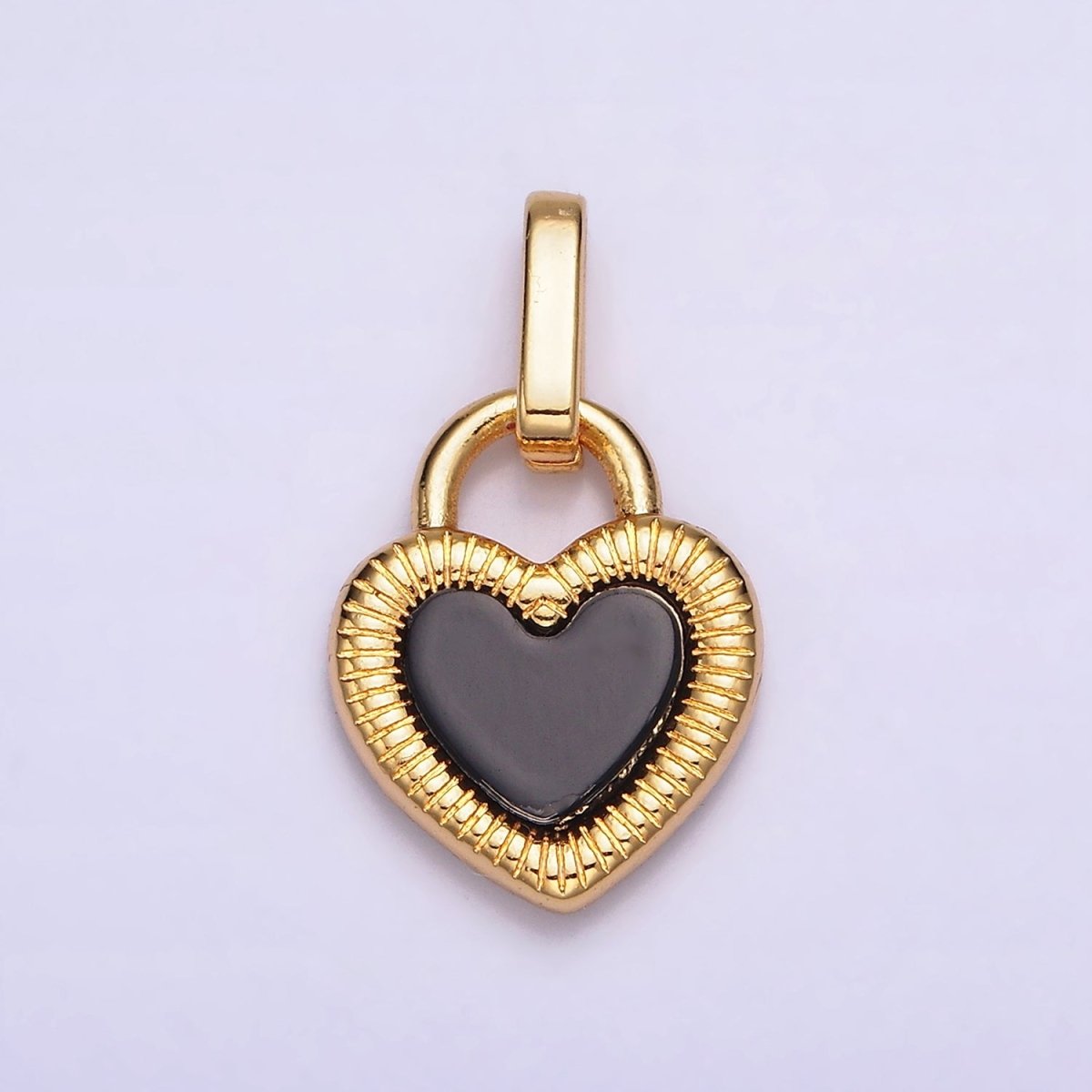 24K Gold Filled Double Sided Shell Pearl Onyx Line-Textured Heart Lock Pendant | AA-601