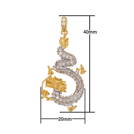 24k Gold Filled Dragon Pendant East Asian Creature King Zodiac Cubic Zirconia Necklace Pendant Bead Bails Findings for Jewelry Making I-194