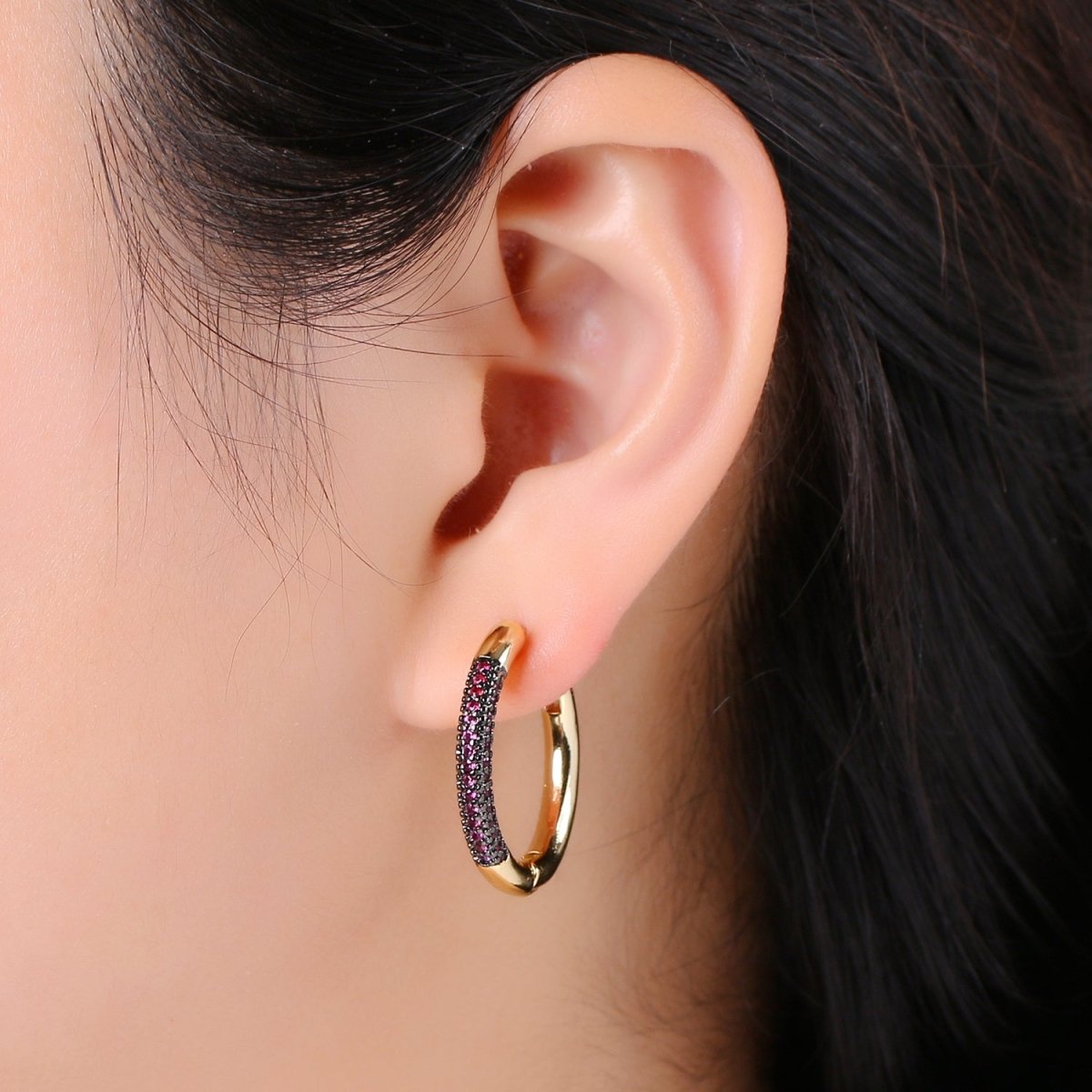 24k Gold Filled Earring Colorful CZ Pave Gold Hoop Earring, Blue, Clear, Green, Purple Hoop Earring for Everyday Wear Q-396 - Q-403