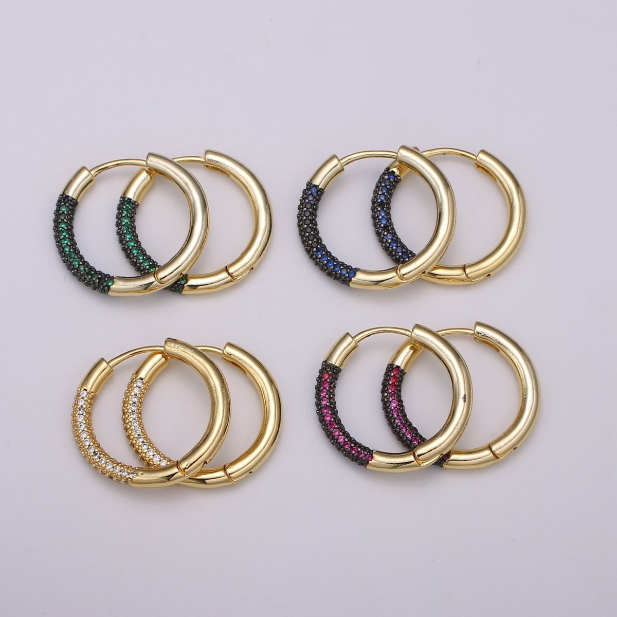 24k Gold Filled Earring Colorful CZ Pave Gold Hoop Earring, Blue, Clear, Green, Purple Hoop Earring for Everyday Wear Q-396 - Q-403