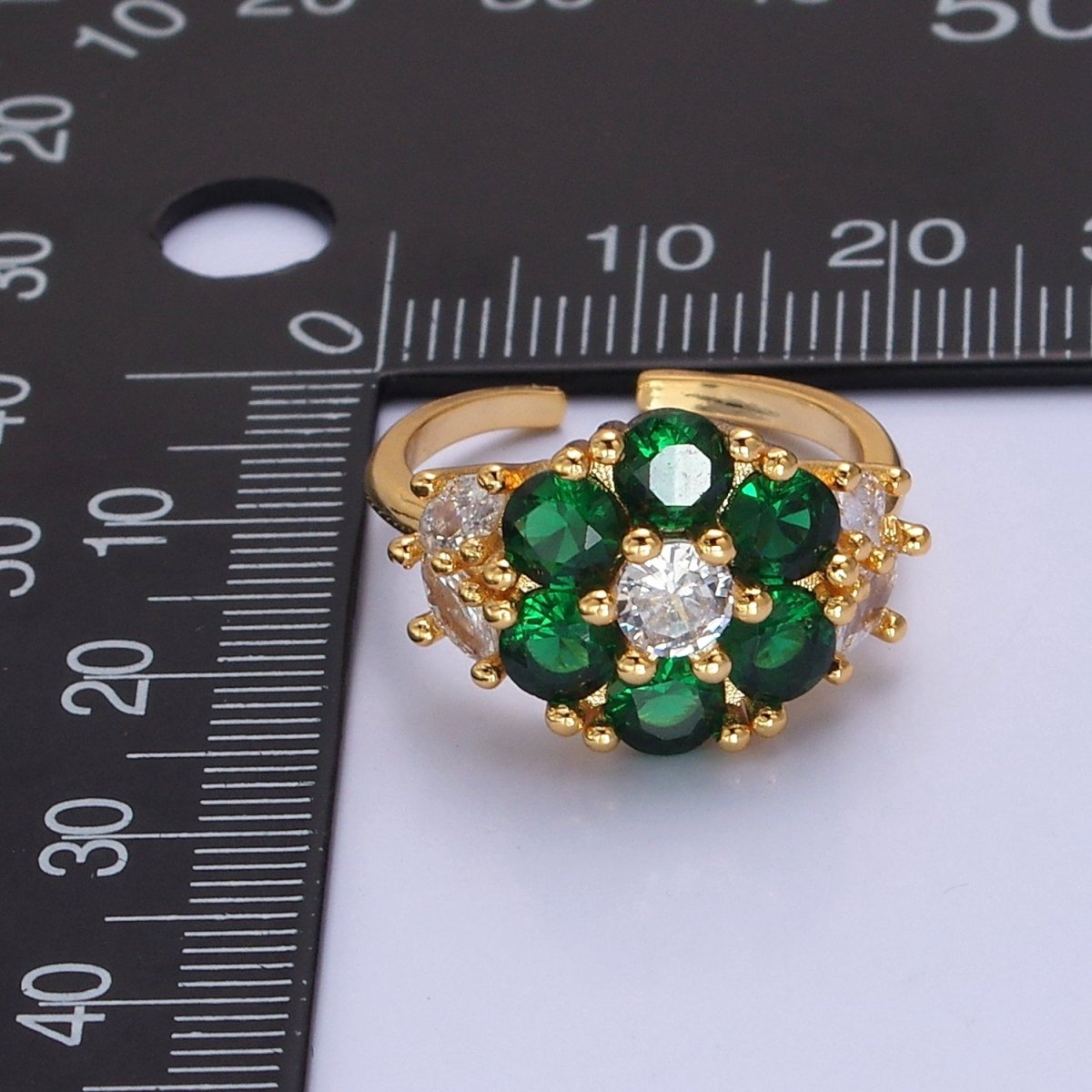 24K Gold Filled Emerald Flower Ring, Clear & Green Cubic Zirconia CZ Nature Promise Ring, O-2293