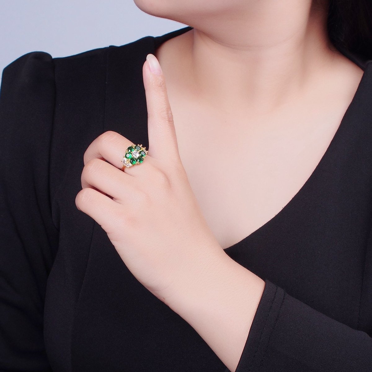24K Gold Filled Emerald Flower Ring, Clear & Green Cubic Zirconia CZ Nature Promise Ring, O-2293
