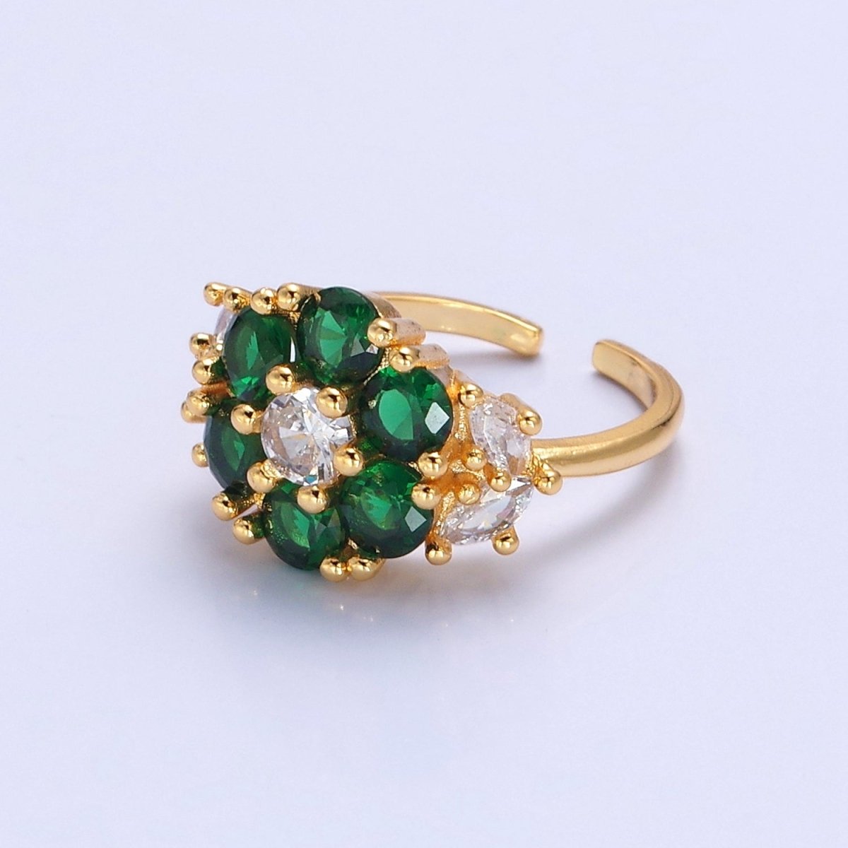 24K Gold Filled Emerald Flower Ring, Clear & Green Cubic Zirconia CZ Nature Promise Ring, O-2293