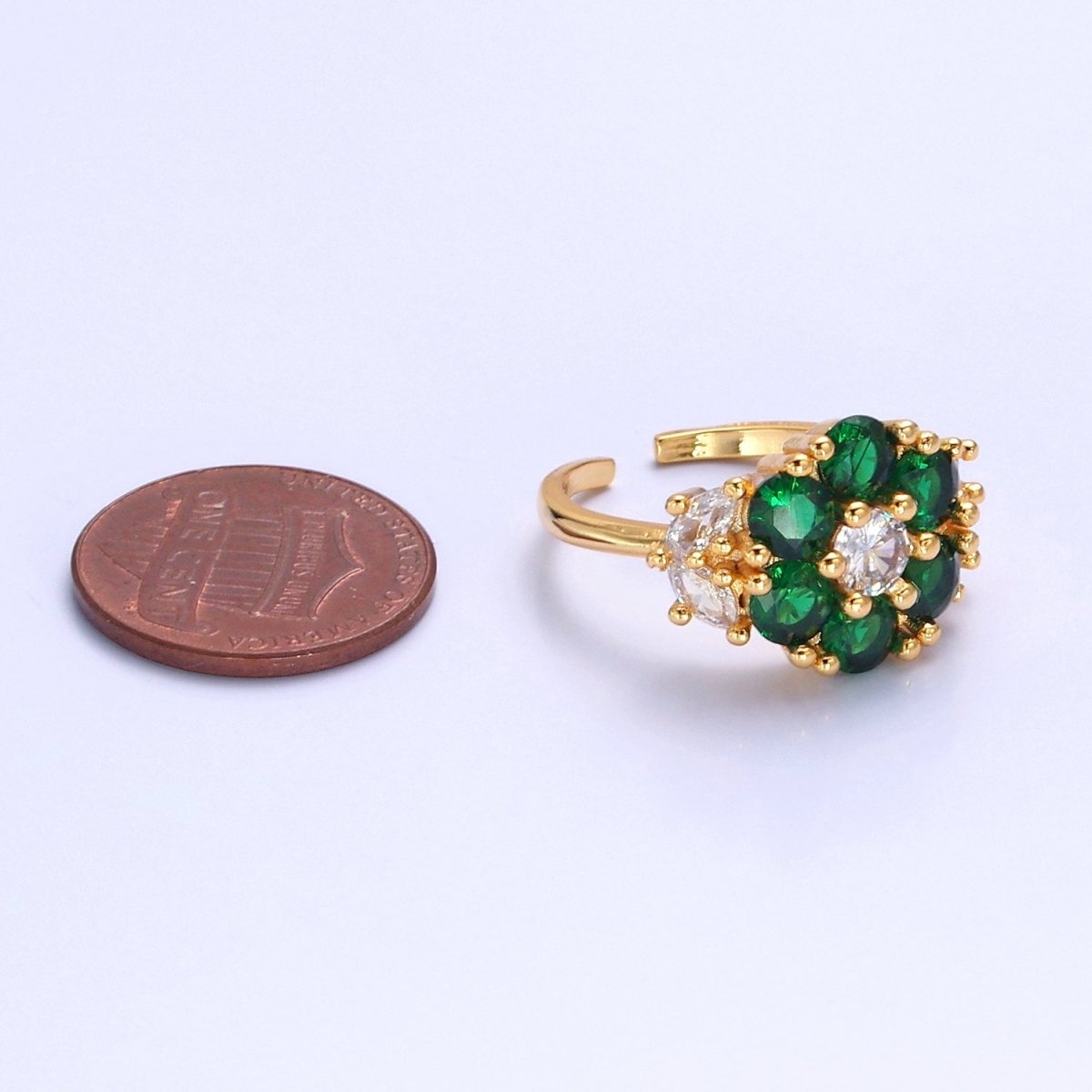 24K Gold Filled Emerald Flower Ring, Clear & Green Cubic Zirconia CZ Nature Promise Ring, O-2293
