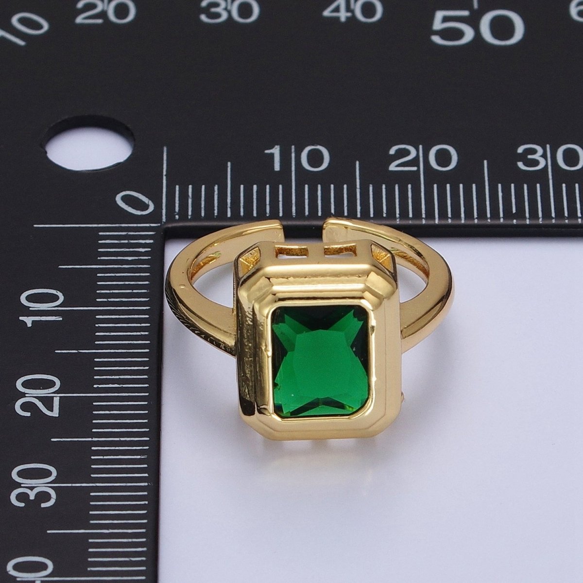 24K Gold Filled Emerald Green Baguette CZ Adjustable Ring in Gold & Silver | R-231 R-251