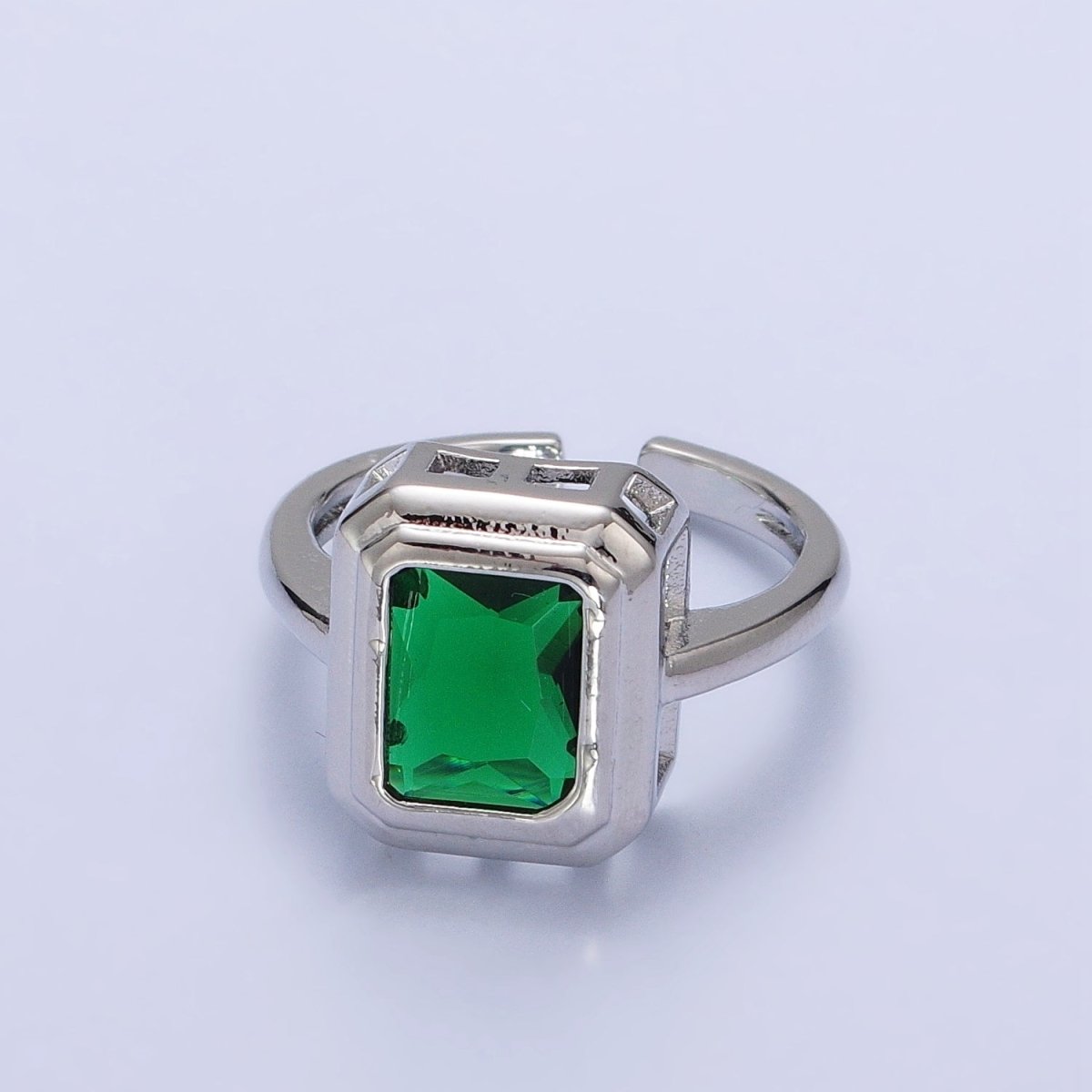 24K Gold Filled Emerald Green Baguette CZ Adjustable Ring in Gold & Silver | R-231 R-251