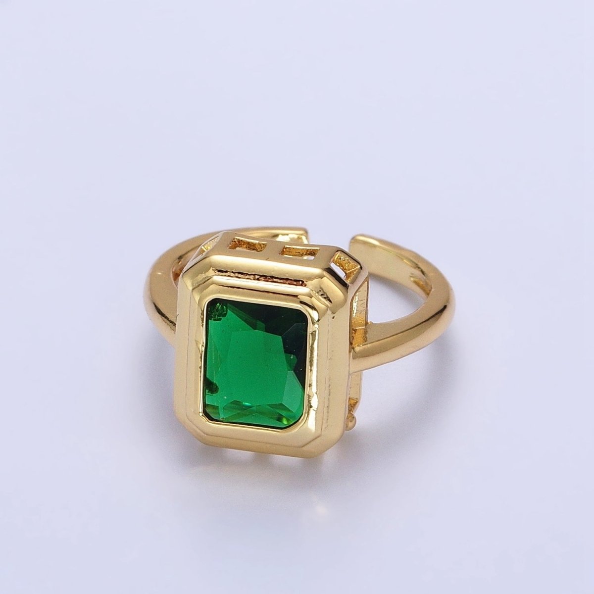 24K Gold Filled Emerald Green Baguette CZ Adjustable Ring in Gold & Silver | R-231 R-251