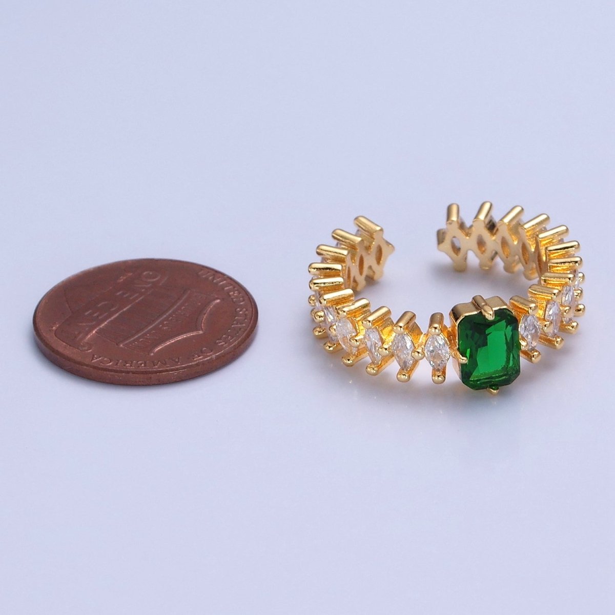 24K Gold Filled Emerald Green Baguette Ring with Clear Marquise Band,  Cubic Zirconia CZ Promise Ring  O-2289