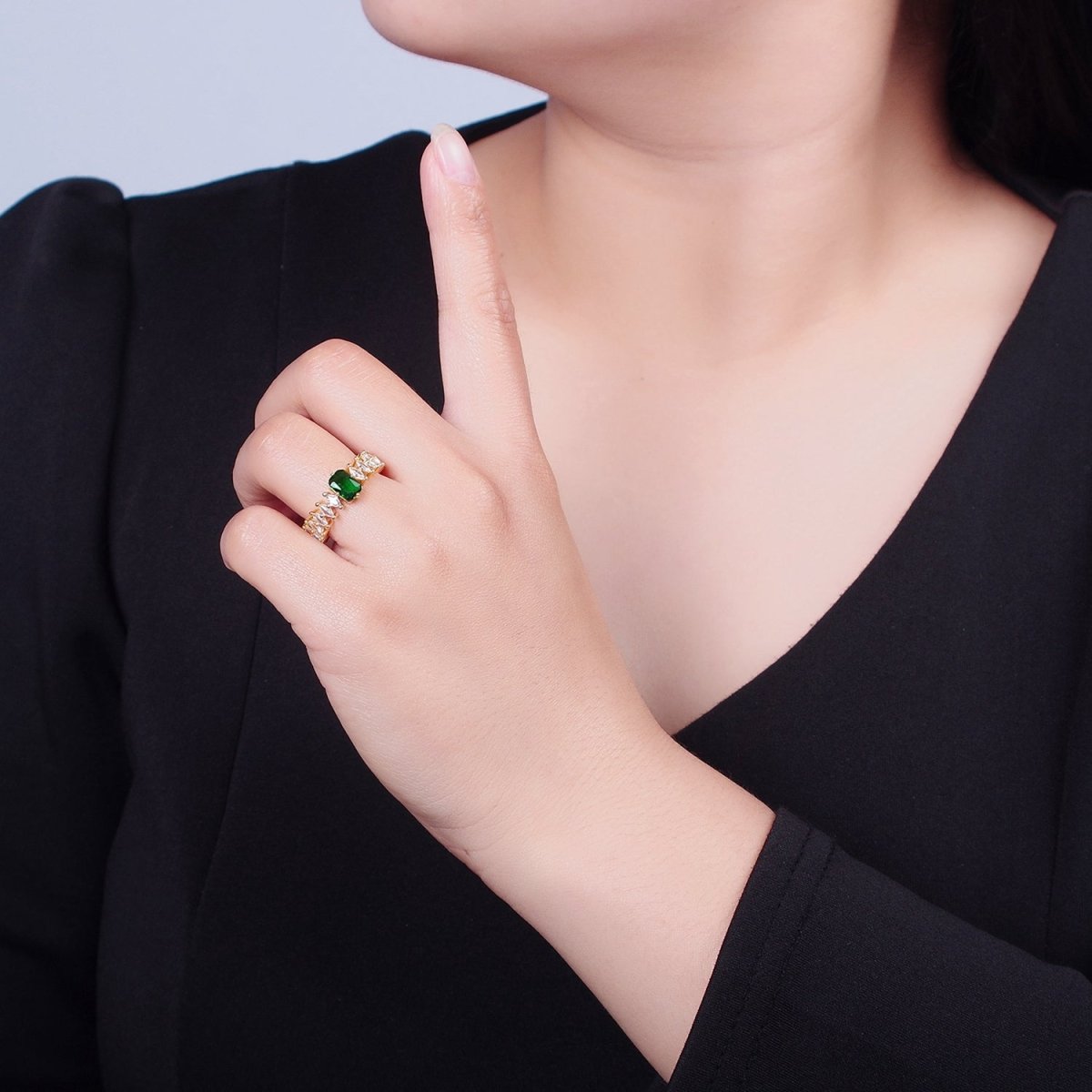 24K Gold Filled Emerald Green Baguette Ring with Clear Marquise Band,  Cubic Zirconia CZ Promise Ring  O-2289