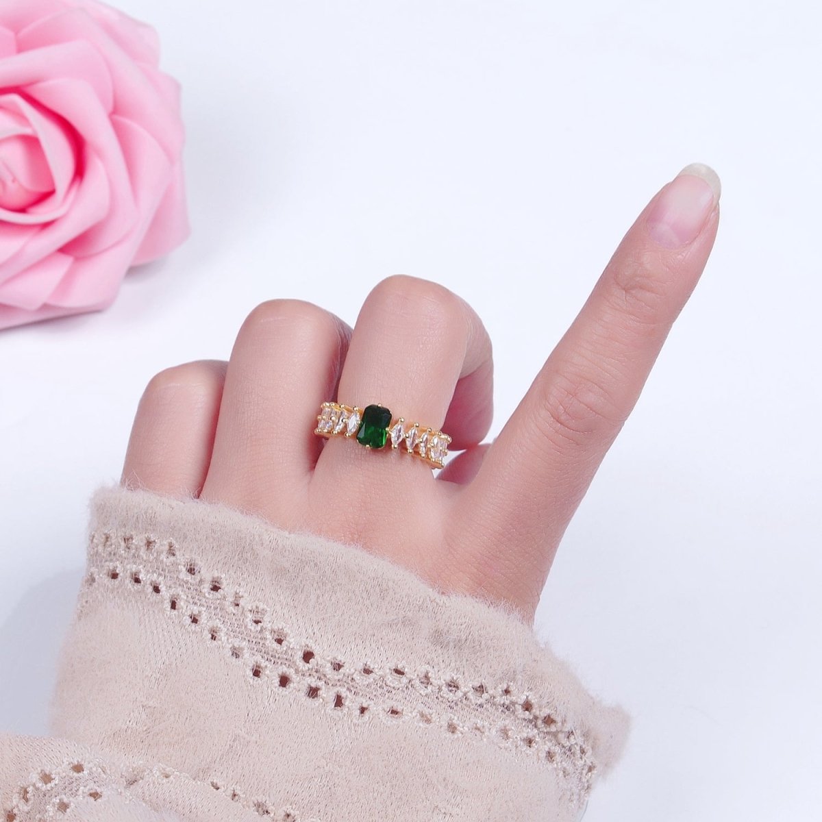 24K Gold Filled Emerald Green Baguette Ring with Clear Marquise Band,  Cubic Zirconia CZ Promise Ring  O-2289