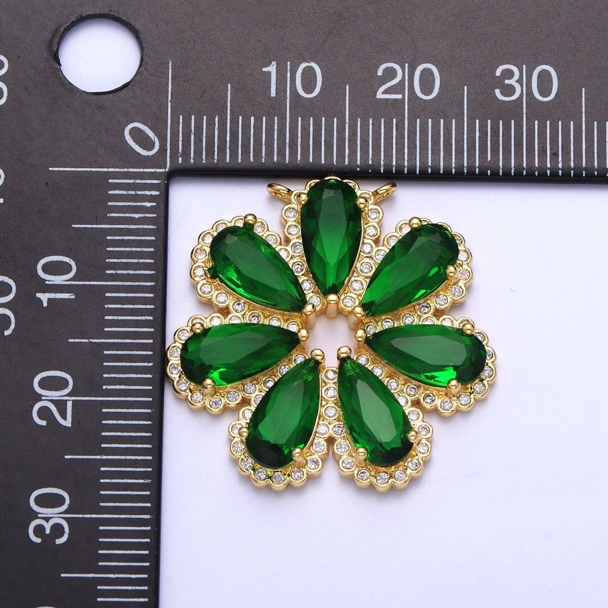 24K Gold Filled Emerald Green Daisy Flower Charm Connector For Jewelry Making, Teardrop Cubic Zirconia Petal Plant G-871