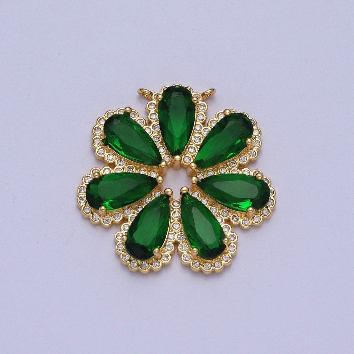 24K Gold Filled Emerald Green Daisy Flower Charm Connector For Jewelry Making, Teardrop Cubic Zirconia Petal Plant G-871