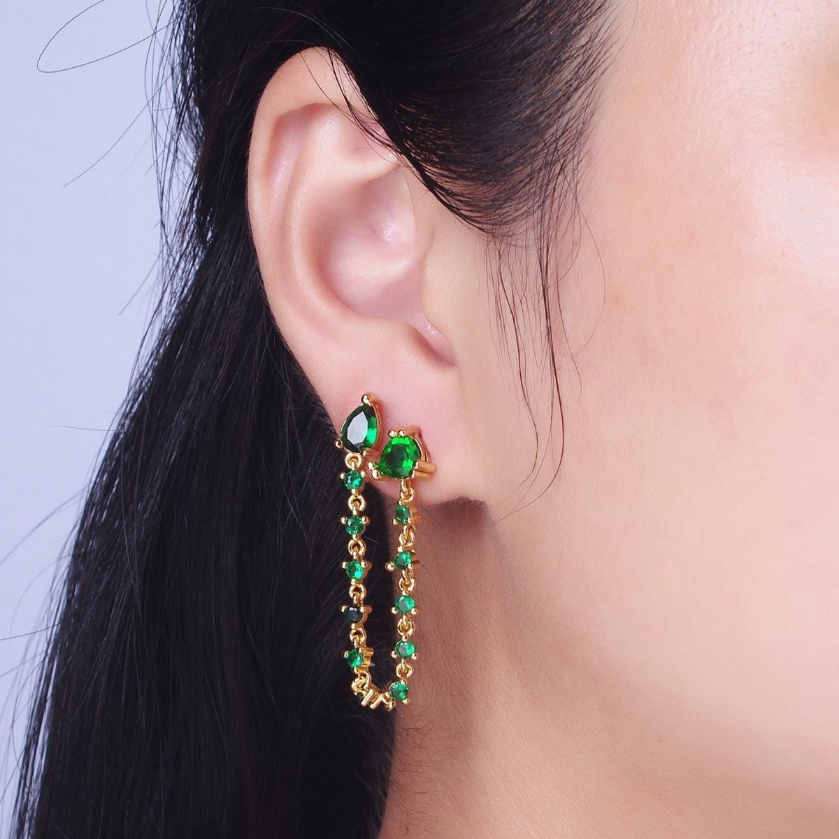 24K Gold Filled Emerald Green Double Cubic Zirconia Teardrop Round Stud Chain Earring | AE-1055